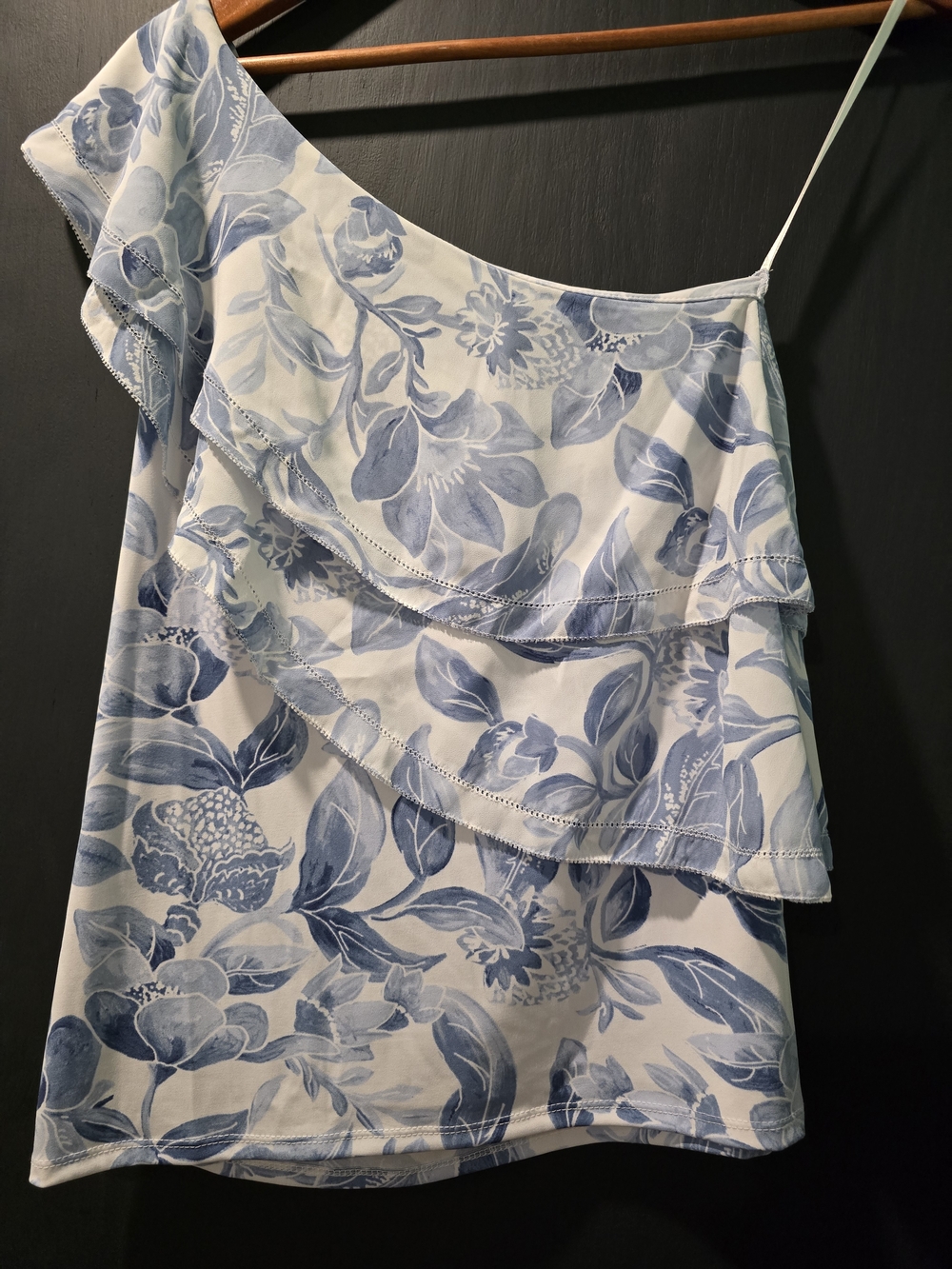 One-Shoulder Flowy Blue And White Floral Summer Top